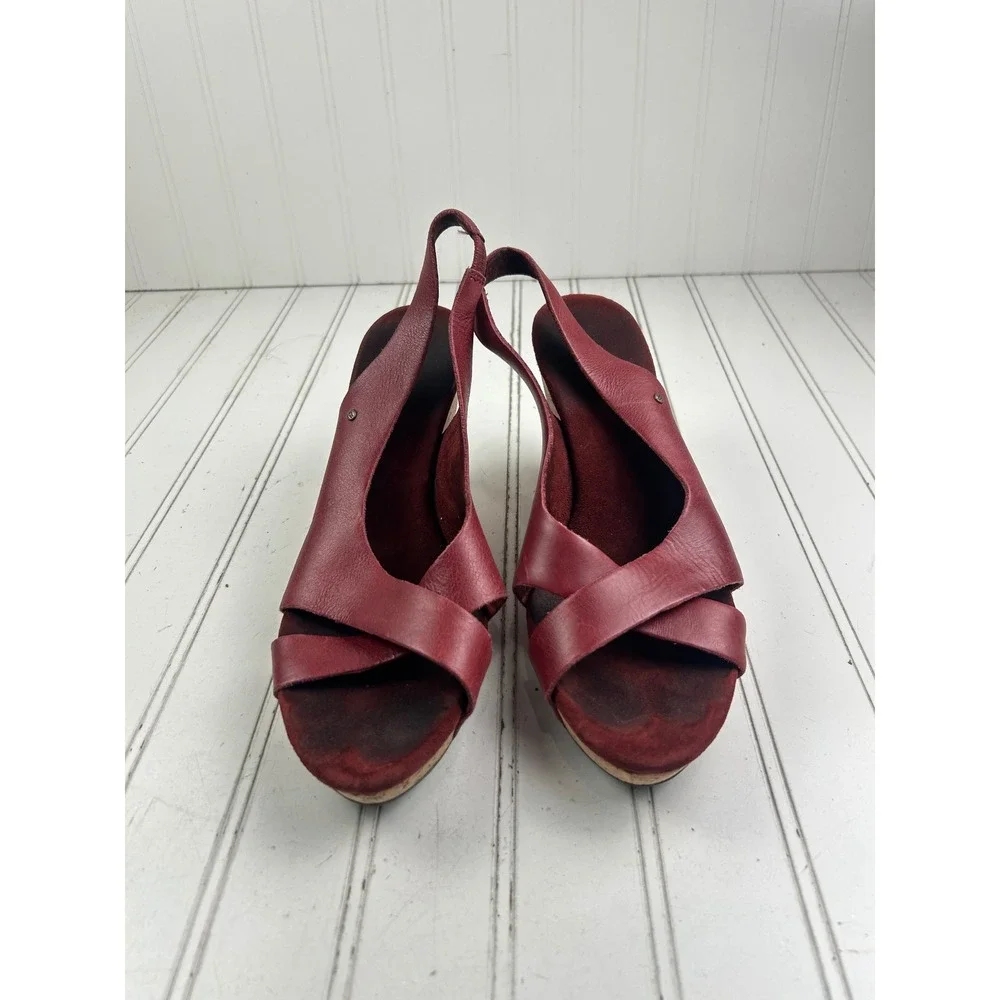 UGG Women's Red Leather Cork Wedge Sandals